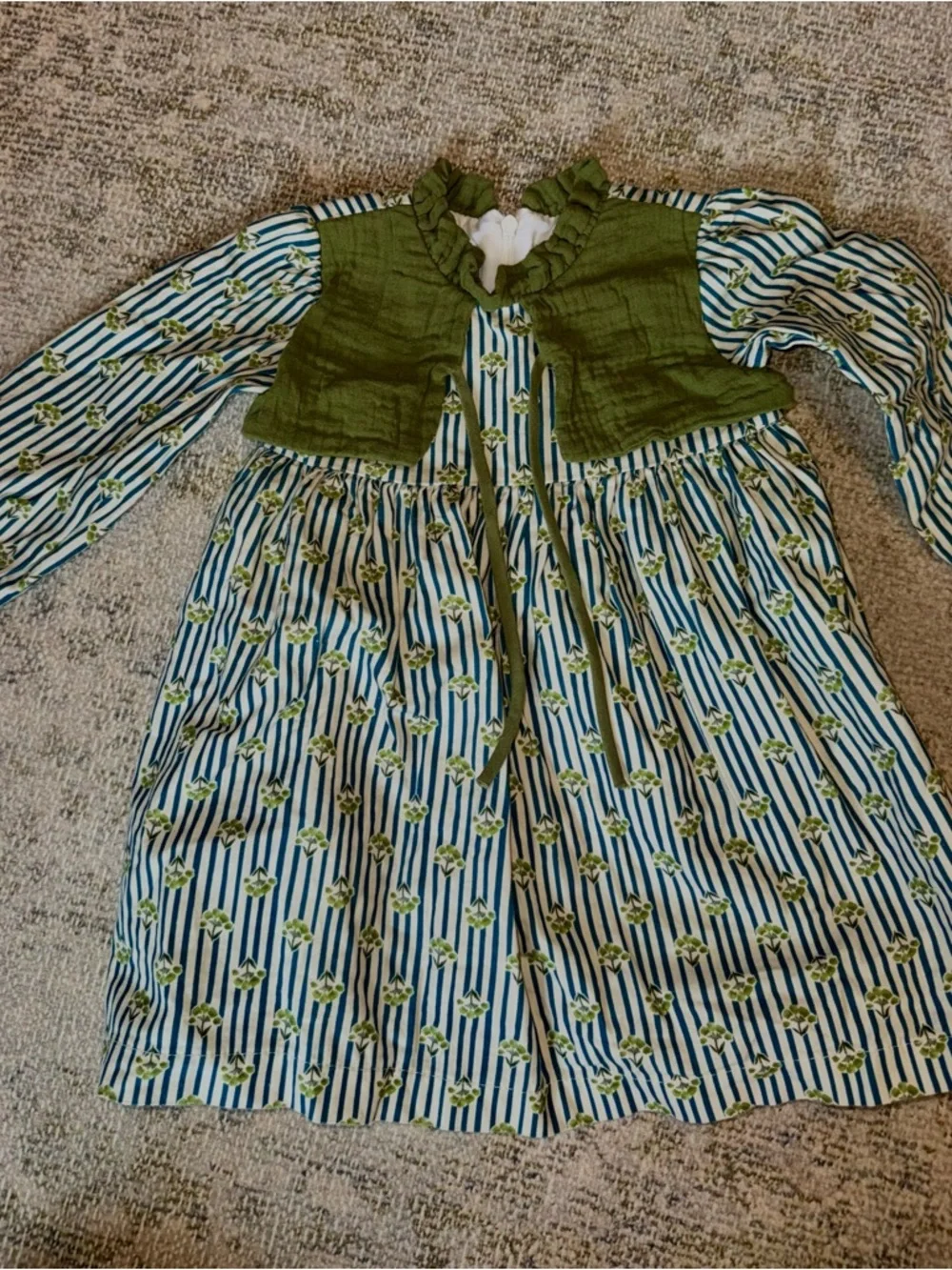 Olive Green & Blue Striped Floral Girls'‎ Dress with Ruffled Bodice- Birinit